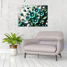 Tablou pe sticlă - Flori turcoaz 3D (70x50 cm)
