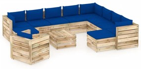 Set mobilier de gradina cu perne, 12 piese, lemn verde tratat albastru si maro, 12