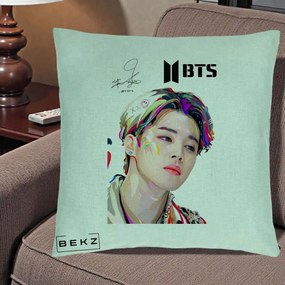 Perna Personalizata K-pop BTS Jimin Portret Artistic Multicolor cu Autograf, 40x40 cm, Verde Menta, Husa Detasabila, Perna Inclusa, BEKZ®