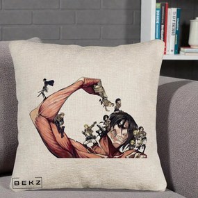 Perna Personalizata Attack on Titan Eren Titan Grup, 40x40 cm, Bej Canapea, Husa Detasabila, Perna Inclusa, BEKZ®