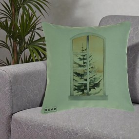 Perna Decorativa Fereastra cu Brad de Iarna, 40x40 cm, Verde, Husa Detasabila, Perna Inclusa, BEKZ®