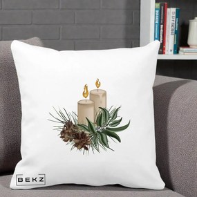 Perna Decorativa Lumanari cu Ilex si Conuri Ilustratie, 40x40 cm, Alba Mata, Husa Detasabila, Perna Inclusa, BEKZ®
