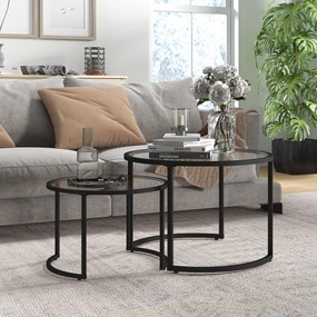 HOMCOM Set de 2 Mese de Cafea Suprapozabile din Sticlă și Oțel, Ø70x47.5 cm și Ø54x42.5 cm, Negru | Aosom Romania