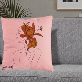 Perna Decorativa Portret Feminin Crin Ruginiu Auriu, 40x40 cm, Roz, Husa Detasabila, Perna Inclusa, BEKZ®