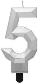 Numere Diamond Metallic Lumânare cifră 5 argintie, lumânare de tort