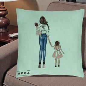 Cadou pentru Mama - Perna Personalizata Mom of Girls Mama cu Fetele, 40x40 cm, Verde Menta, Husa Detasabila, Perna Inclusa, BEKZ®