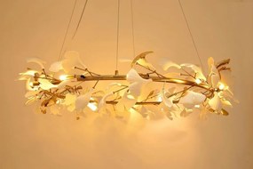 Lustra Suspendata, Metal Auriu, Petale Flori Albe Ceramice, FLORA 120