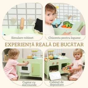 AIYAPLAY Set de Bucătărie de Jucărie din Lemn pentru Copii de 3+ Ani cu 15 Accesorii, Verde | Aosom Romania