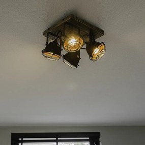 Proiector industrial maro ruginiu cu lemn inclinabil cu 4 lumini - Gina