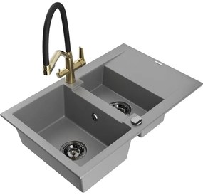 Mexen Gaspar Chiuvetă de granit de 1,5 compartiment cu picurător și baterie de bucătărie Duo, Gri - 6507-71-671701-57-B