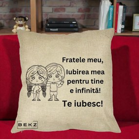 Cadou pentru Frate - Perna Personalizata Fratele Meu Te Iubesc Copii Anime Line Art Negru, 40x40 cm, Crem, Husa Detasabila, Perna Inclusa, BEKZ®