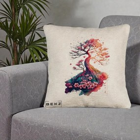 Perna Decorativa Copac Sakura Acuarela Fantasy, 40x40 cm, Bej Canapea, Husa Detasabila, Perna Inclusa, BEKZ®