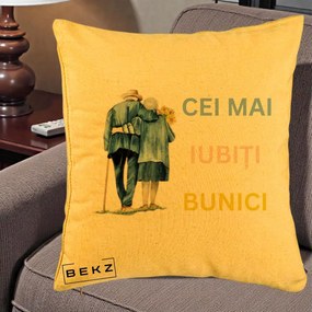 Cadou pentru Bunici - Perna Personalizata Cei Mai Iubiti Bunici Acuarela Spate, 40x40 cm, Galben, Husa Detasabila, Perna Inclusa, BEKZ®