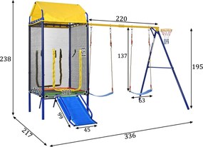 Dispozitiv multifuncțional 4-în-1 pentru exterior pentru copii, trambulină cu plasă de siguranță, pentru 3–8 ani, 336x217x238 cm, Multicolor