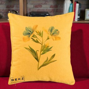 Perna Decorativa Botanica Frezie Galbena si Albastra, 40x40 cm, Galben, Husa Detasabila, Perna Inclusa, BEKZ®