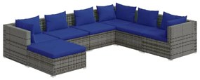 Set mobilier de gradina cu perne, 7 piese, gri, poliratan gri si bleumarin, 3x colt + 3x mijloc + suport pentru picioare, 1