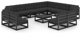 vidaXL Set mobilier grădină cu perne, 14 piese, negru, lemn masiv pin