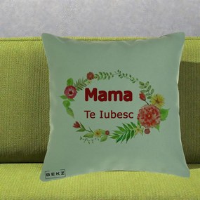 Cadou pentru Mama - Perna Personalizata Mama Te Iubesc Flori Rosii, 40x40 cm, Verde, Husa Detasabila, Perna Inclusa, BEKZ®