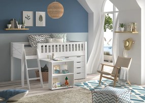 Set pat semi-supraetajat pentru copii SCOTT, alb, 90 x 200 cm, pin scandinav masiv, cu scară, birou glisant și comodă cu 3 sertare – Vipack