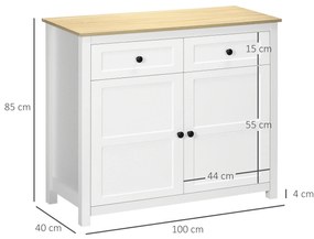 HOMCOM Comodă mobilier de depozitare cu 2 uși și raft reglabil în înălțime 2 sertare 100 x 40 x 85 cm alb și aspect lemn | Aosom Romania