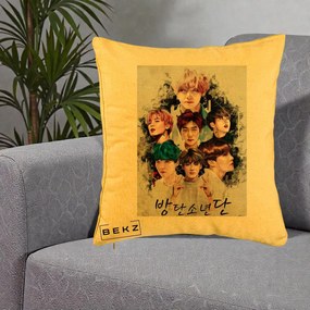 Perna Personalizata K-pop BTS Bangtan Boys Poster Artistic Negru Alb, 40x40 cm, Galben, Husa Detasabila, Perna Inclusa, BEKZ®