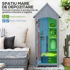 Outsunny Căsuță pentru Unelte din Lemn cu 3 Rafturi cu Acoperiș Impermeabil din Bitum, 77.5x54.2x179.5 cm, Gri | Aosom Romania