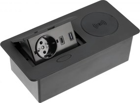 Priza incorporabila in blat Avaro Plus GTV, incarcator wireless 5W, 1 priza Schuko, USB A + C, negru Aluminiu  plastic, Negru, L:240 mm; l:119 mm;