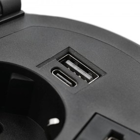 Priza incorporabila rotunda, 1 priza schuko, USB A+C + 1 port interschimbabil(USB A, HDMI, RJ45), incarcare Wireless 5 W, cablu 1.5 m, neagra, GTV