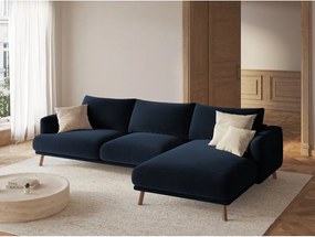 Colțar albastru închis cu tapițerie din catifea (cu colț pe partea dreaptă/cu șezlong) Naomi – Micadoni