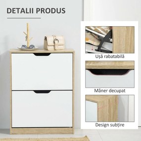 HOMCOM Dulap pantofi cu 2 Sertare Rabatabile, 8 Perechi, cu un Dispozitiv Anti-Răsturnare, Design Compact, 62,5x26x81 cm, Natural | Aosom Romania