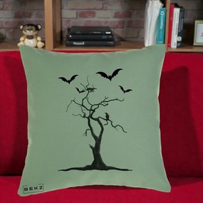 Perna Decorativa Halloween Copac cu Lilieci Alb-Negru, 40x40 cm, Verde, Husa Detasabila, Perna Inclusa, BEKZ®