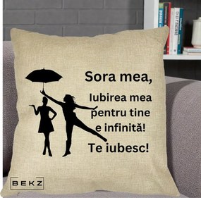 Cadou pentru Sora - Perna Personalizata Sora Mea Te Iubesc Siluete Negre cu Umbrela, 40x40 cm, Crem, Husa Detasabila, Perna Inclusa, BEKZ®