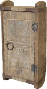 Dulăpior de perete sculptat manual din lemn reciclat, natur, cu 1 ușă cu motiv floral și colțare din fier, 32 x 15 x 9 cm, „Grimaud”