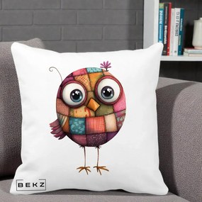 Perna Decorativa Pasare Patchwork Roz cu Floare, 40x40 cm, Alba Mata, Husa Detasabila, Perna Inclusa, BEKZ®
