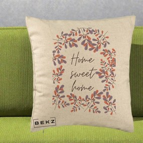 Perna Decorativa Home Sweet Home Frunze Colorate, 40x40 cm, Bej, Husa Detasabila, Perna Inclusa, BEKZ®