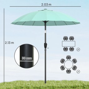 Outsunny Umbrelă de grădină rotundă 2 m, înclinabilă, deschidere/închidere cu manivelă, 16 spițe, turcoaz | Aosom Romania