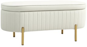 HOMCOM Bancă de Depozitare de Intrare Ovală 72L, Design Canelat cu Capac Rabatabil și Scaun Capitonat, Bancă de la Capătul Patului, Pouf, în Velur și cu Picioare din Lemn de Pin, 108x44x43.5 cm, Crem | Aosom Romania