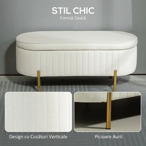 HOMCOM Bancă de Depozitare de Intrare Ovală 72L, Design Canelat cu Capac Rabatabil și Scaun Capitonat, Bancă de la Capătul Patului, Pouf, în Velur și cu Picioare din Lemn de Pin, 108x44x43.5 cm, Crem | Aosom Romania