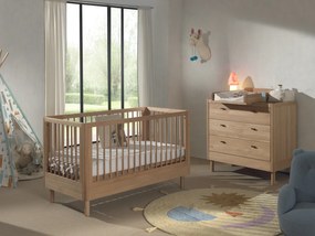 Set Mobilier Cameră Bebelus Forrest Oak, din Lemn Masiv de Stejar, Natur: Pătuț Convertibil (70x140 cm), Comodă cu 3 Sertare și Suport de Înfășat –