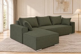 Colțar extensibil Livia Mini din catifea reiată, kaki, colț pe stânga, cu ladă de depozitare