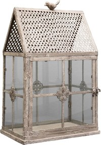 Suport shabby chic pentru lumânare tip seră din metal, cu pasăre decorativă, H45,5 cm
