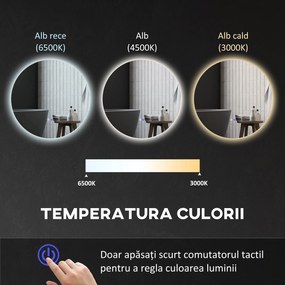 Kleankin Oglinda de Baie Rotunda cu Lumina LED in 3 Culori si intrerupatoare Touch, Ø70x3.5 cm, Transparent | Aosom Romania