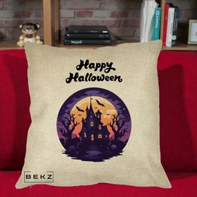Perna Decorativa Happy Halloween Casa Bantuita Violet, 40x40 cm, Crem, Husa Detasabila, Perna Inclusa, BEKZ®