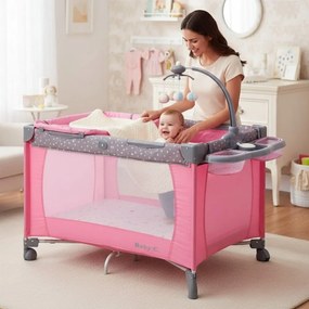 Patut Pliabil si Tarc copii Baby Care™ PRO FMAT, 2 Niveluri de inaltime, Cu melodii si Masa infasat, Carusel cu jucarii din plus, Plasa insecte, Roz