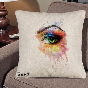 Perna Decorativa Ochi Verde Acuarela, 40x40 cm, Bej Canapea, Husa Detasabila, Perna Inclusa, BEKZ®
