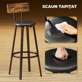 HOMCOM Set de 2 Scaune de Bar Captușite cu Spătar și Suport pentru Picioare - Maro Rustic și Negru | Aosom Romania