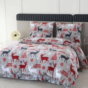 Set Lenjerie cocolino MERRY CHRISTMAS DEER gri + Cearsaf Cocolino microplus cu elastic SOFT 180x200 cm alb, pat dublu