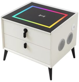 Noptiera inteligenta cu &icirc;ncărcare wireless și iluminare LED &ndash;culoare alb, 2 Sertare de depozitare, design modern-sticlă securizata