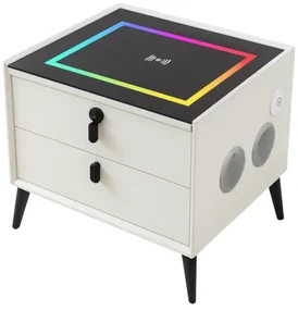 Noptiera inteligenta cu &icirc;ncărcare wireless și iluminare LED &ndash;culoare alb, 2 Sertare de depozitare, design modern-sticlă securizata