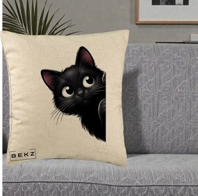 Perna Decorativa Pisica Neagra Dragalasa Curioasa, 40x40 cm, Bej, Husa Detasabila, Perna Inclusa, BEKZ®